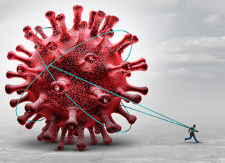Long COVID: What have we learned? Red COVID-19 virus with figurine tied to it and trying to run away.