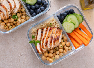 What foods to eat and avoid while taking semaglutide A healthy high protein prepared meal including chicken, carrots, fruits and greens.