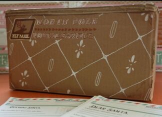 News Flash • Clayton, NC • CivicEngage The library's Elf Postal Service Box on a table with writing pads for children to use